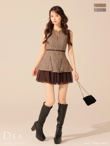 キャバドレス DEA. ROBE de FLEURS ディア ローブドフルール ノースリーブ チェック柄 ウエストベルト チュール ジップデザイン フレアミニドレス