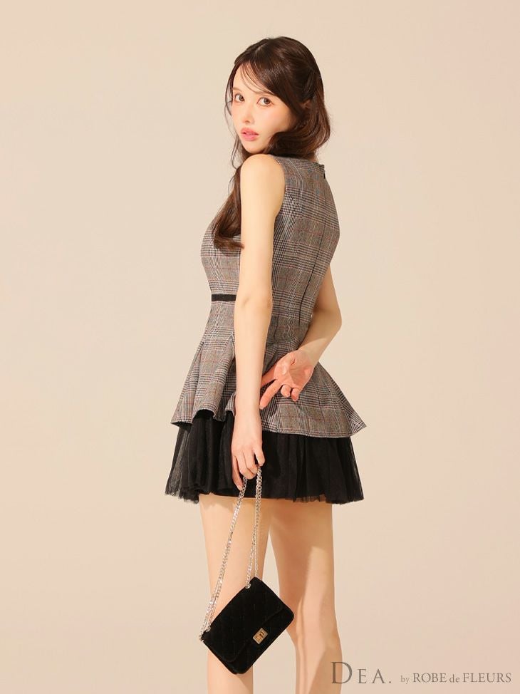 チェックノースリーブベルトデザインチュールミニキャバドレス(DE3477) DEA.by ROBE de FLEURS/ディア】ノースリーブ チェック柄 ウエスト