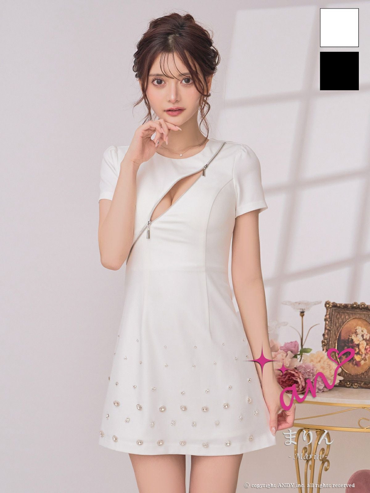 an/アン】ジップデザイン ワンカラー ビジュー シンプル 半袖