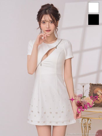 キャバドレス an アン ジップデザイン ワンカラー ビジュー シンプル 半袖 フレアミニドレス