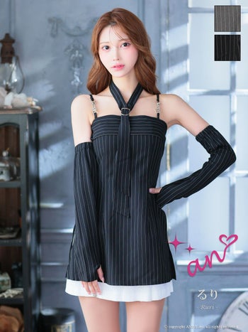 キャバドレス an キャミソール ネクタイ付き 長袖 ストライプ レイヤード プリーツ フレアミニドレス