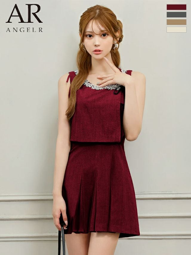 キャバドレス Angel R エンジェルアール ビジュー リボン ガーリー 2way ノースリーブ プリーツ トップス付き フレアミニドレス