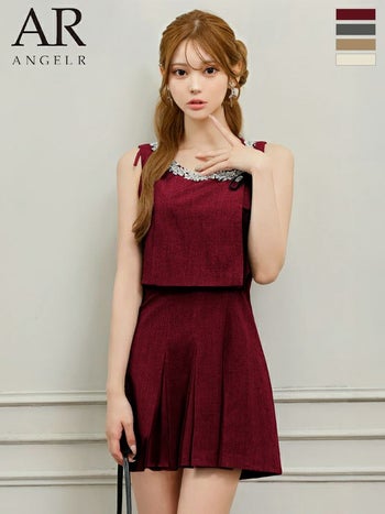 キャバドレス Angel R エンジェルアール ビジュー リボン ガーリー 2way ノースリーブ プリーツ トップス付き フレアミニドレス