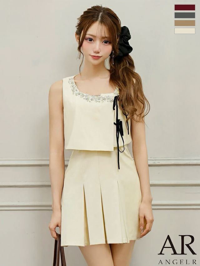 キャバドレス Angel R エンジェルアール ノースリーブ プリーツ トップス付き ビジュー リボン ガーリー 2way フレアミニドレス