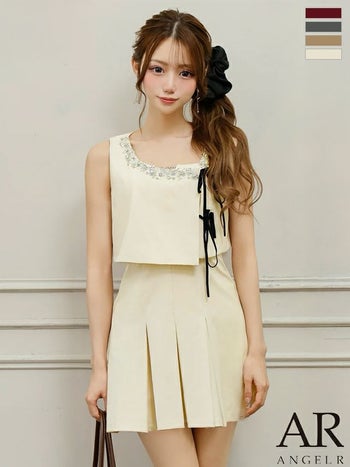 キャバドレス Angel R エンジェルアール ノースリーブ プリーツ トップス付き ビジュー リボン ガーリー 2way フレアミニドレス