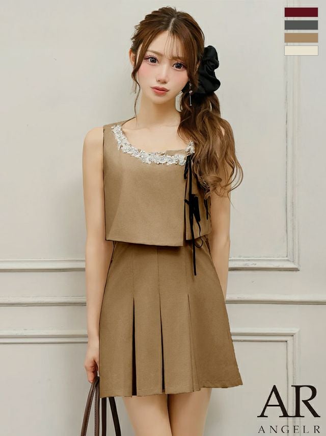 キャバドレス Angel R エンジェルアール プリーツ ガーリー 2way ノースリーブ トップス付き ビジュー リボン フレアミニドレス