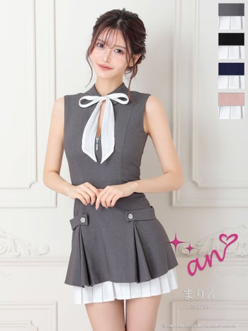 キャバドレス an アン 襟付き リボン ジップデザイン レイヤード プリーツ ノースリーブ フレアミニドレス