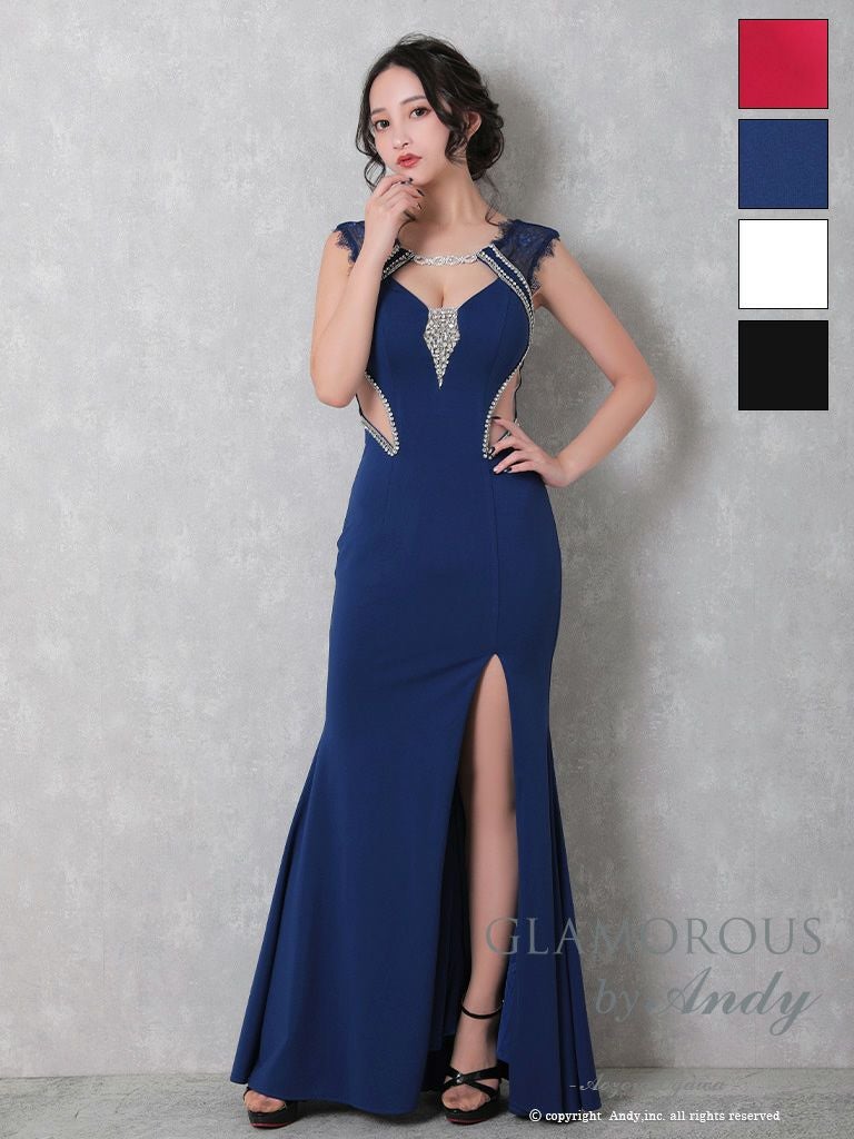 キャバドレス GLAMOROUS グラマラス ビジュー レース スリット くびれ透け ワンカラー ノースリーブ マーメイドロングドレス