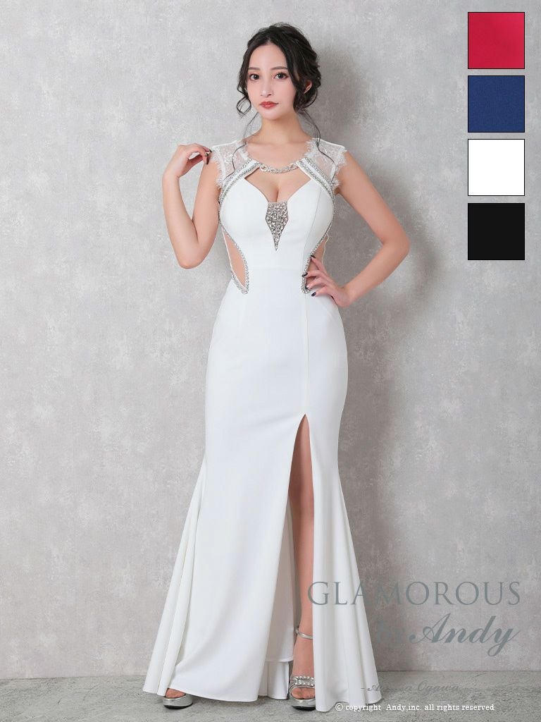 キャバドレス GLAMOROUS グラマラス スリット ビジュー レース くびれ透け ワンカラー ノースリーブ マーメイドロングドレス