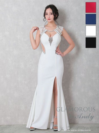 キャバドレス GLAMOROUS グラマラス スリット ビジュー レース くびれ透け ワンカラー ノースリーブ マーメイドロングドレス