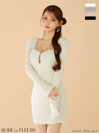 キャバドレス ROBEdeFLEURS ローブドフルール フェザーニット パール 長袖 シンプル ハートカット タイトミニドレス