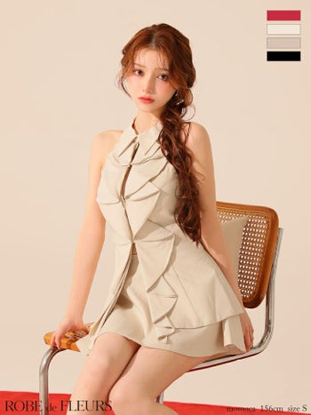 キャバドレス ROBEdeFLEURS ローブドフルール 襟付き フリル ホルターネック セットアップ ジップデザイン ガーリー フレアミニドレス