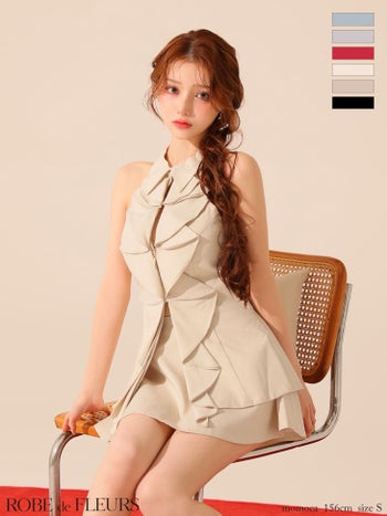 キャバドレス ROBEdeFLEURS ローブドフルール 襟付き フリル ホルターネック セットアップ ジップデザイン ガーリー フレアミニドレス