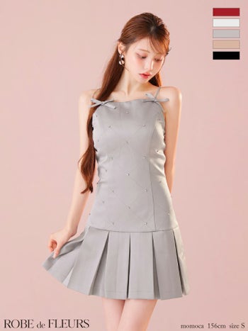 キャバドレス ROBEdeFLEURS ローブドフルール リボン ボックスプリーツ ビジュー キャミソール ガーリー フレアミニドレス