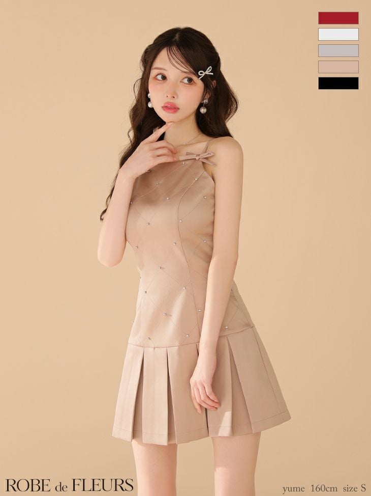 キャバドレス ROBEdeFLEURS ローブドフルール ビジュー キャミソール リボン ボックスプリーツ ガーリー フレアミニドレス