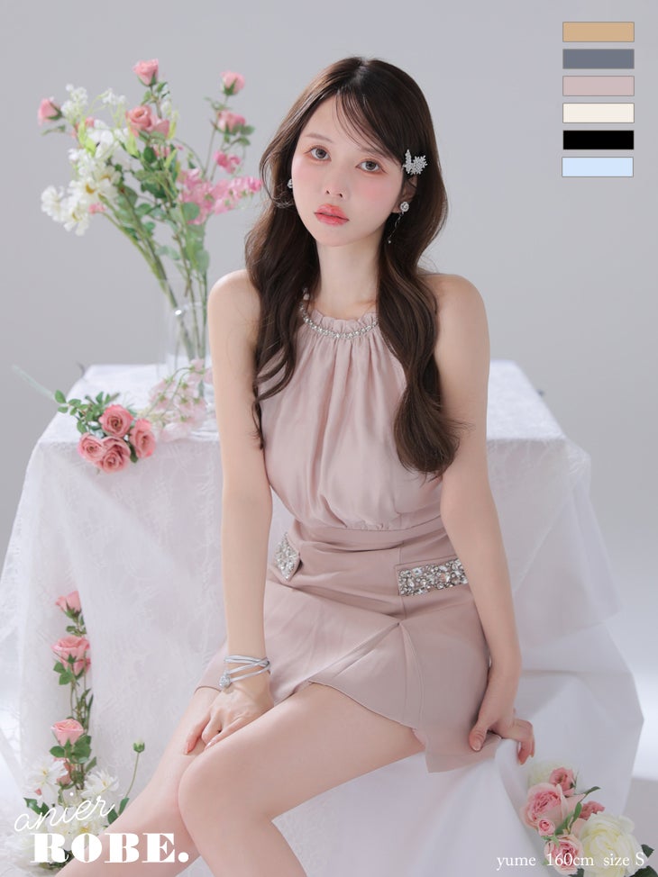 キャバドレス anier.ROBE アニエルローブ ローブドフルール サテン ビジュー ホルターネック バックオープン シフォン タイトミニドレス