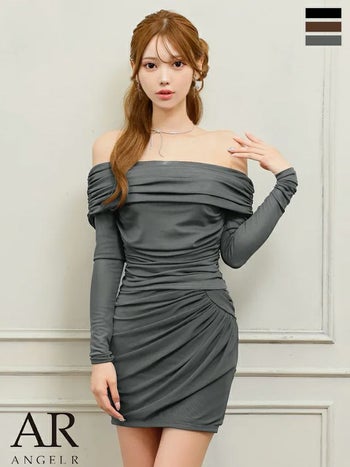 キャバドレス Angel R エンジェルアール ウエストギャザー セットアップ オフショルダー 長袖 ワンカラー シンプル タイトミニドレス