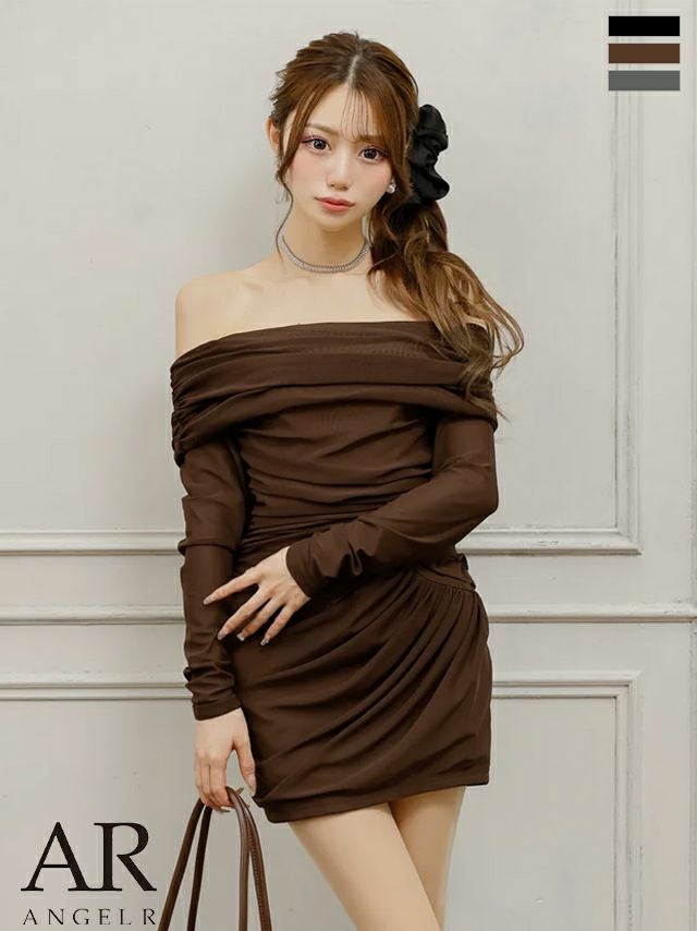 キャバドレス Angel R エンジェルアール セットアップ オフショルダー 長袖 ワンカラー シンプル ウエストギャザー タイトミニドレス