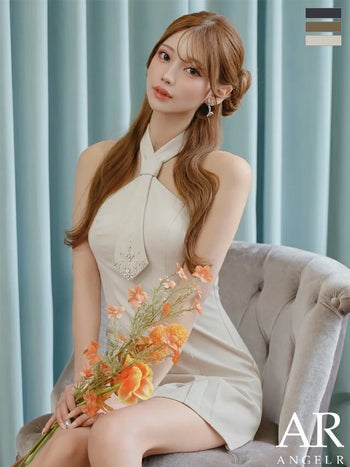 キャバドレス Angel R エンジェルアール シンプル ホルターネック ネクタイデザイン ビジュー パール プリーツ フレアミニドレス