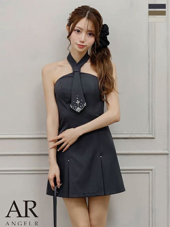 キャバドレス Angel R エンジェルアール ネクタイデザイン ビジュー パール プリーツ シンプル ホルターネック フレアミニドレス