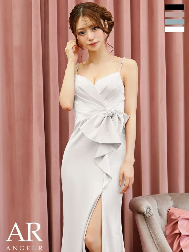 キャバドレス Angel R エンジェルアール キャミソール オープンバスト ウエストリボン タック ビジュー サテン スリット フェミニン タイトロングドレス