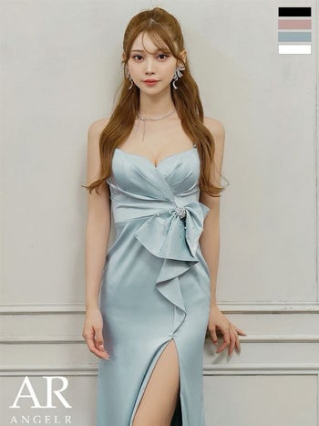 キャバドレス Angel R エンジェルアール オープンバスト ウエストリボン タック ビジュー サテン スリット フェミニン キャミソール タイトロングドレス