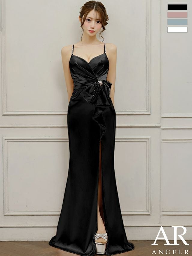 キャバドレス Angel R エンジェルアール ウエストリボン タック ビジュー サテン スリット フェミニン キャミソール オープンバスト タイトロングドレス
