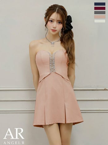 キャバドレス Angel R エンジェルアール クロスネックデザイン リボン ビジュー プリーツスカート セットアップ フェミニン オープンバスト フレアミニドレス