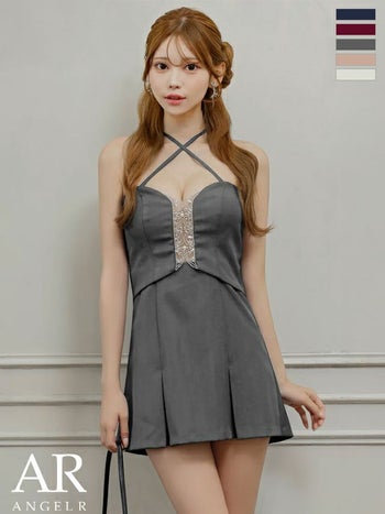 キャバドレス Angel R エンジェルアール リボン ビジュー プリーツスカート セットアップ フェミニン オープンバスト クロスネックデザイン フレアミニドレス