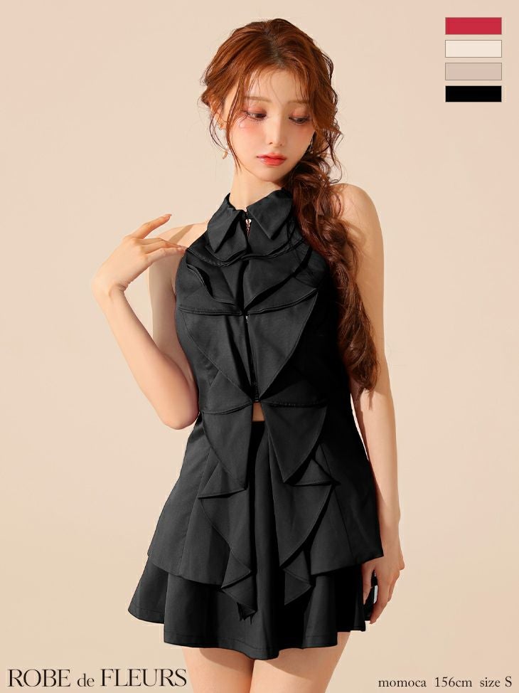 キャバドレス ROBEdeFLEURS ローブドフルール ガーリー セットアップ フリル ホルターネック ジップデザイン 襟付き フレアミニドレス