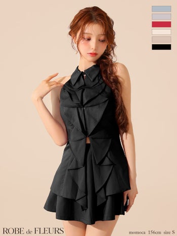 キャバドレス ROBEdeFLEURS ローブドフルール ガーリー セットアップ フリル ホルターネック ジップデザイン 襟付き フレアミニドレス