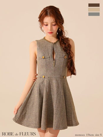 キャバドレス ROBEdeFLEURS ローブドフルール ツイード フェミニン ノースリーブ ジップデザイン ゴールドボタン フレアミニドレス