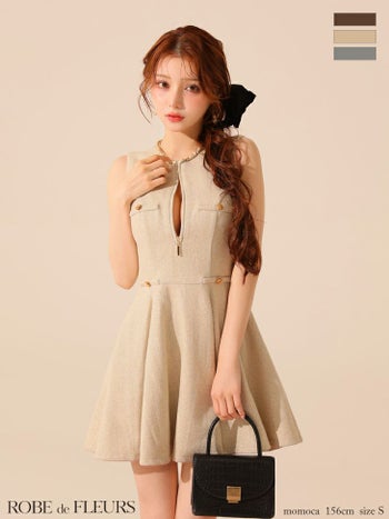 キャバドレス ROBEdeFLEURS ローブドフルール ノースリーブ ジップデザイン ツイード フェミニン ゴールドボタン フレアミニドレス