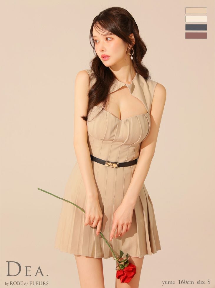 キャバドレス DEA. ROBE de FLEURS ディア ローブドフルール バストカット ウエストベルト プリーツスカート ワンカラー ノースリーブ フレアミニドレス