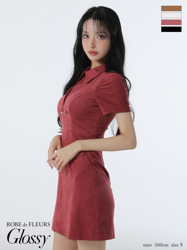 キャバドレス Glossy by ROBE de FLEURS グロッシー 襟付き バストカット 半袖 スエード セクシー タイトミニドレス