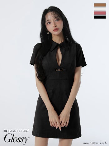 キャバドレス Glossy by ROBE de FLEURS グロッシー バストカット 半袖 スエード セクシー 襟付き タイトミニドレス