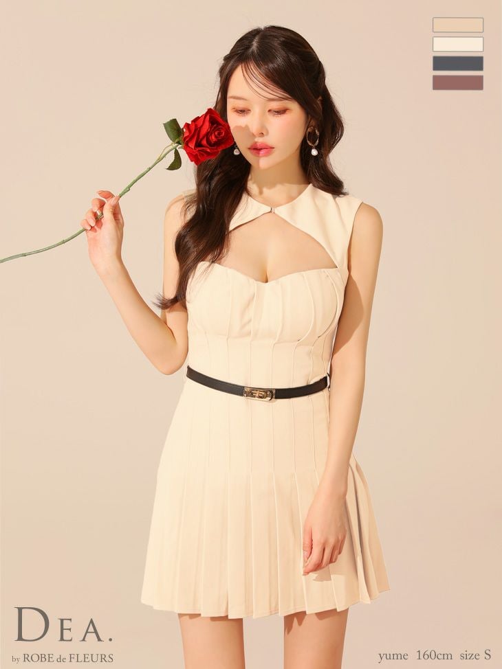 キャバドレス DEA. ROBE de FLEURS ディア ローブドフルール ウエストベルト バストカット ワンカラー ノースリーブ プリーツスカート フレアミニドレス