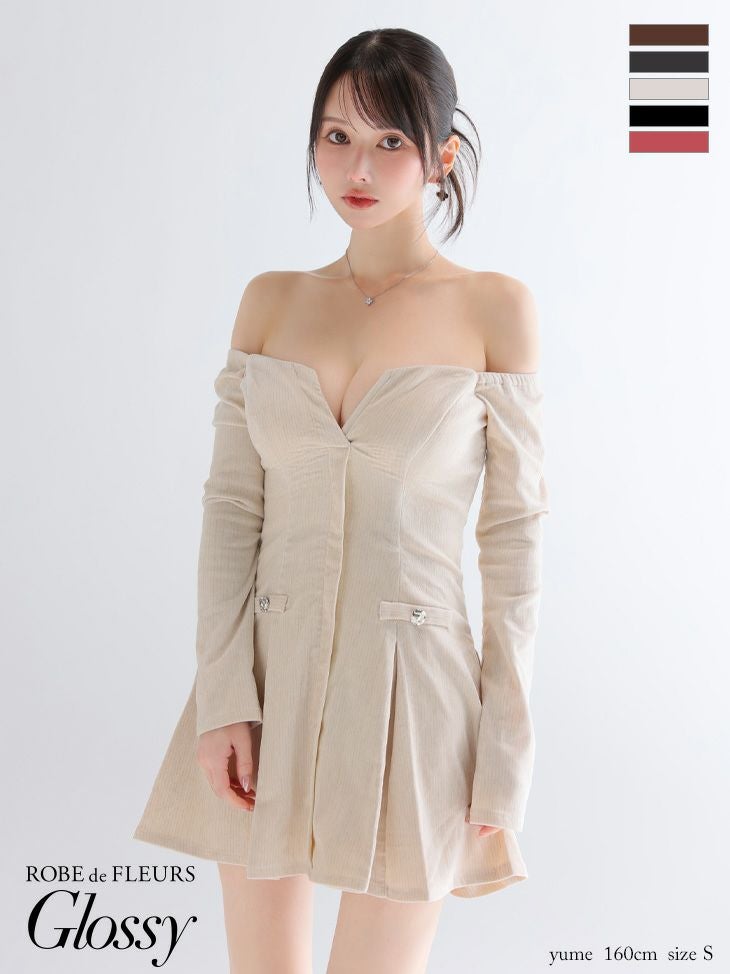 キャバドレス Glossy by ROBE de FLEURS グロッシー オフショルダー 長袖 バストカット ラメニット プリーツスカート セクシー フレアミニドレス