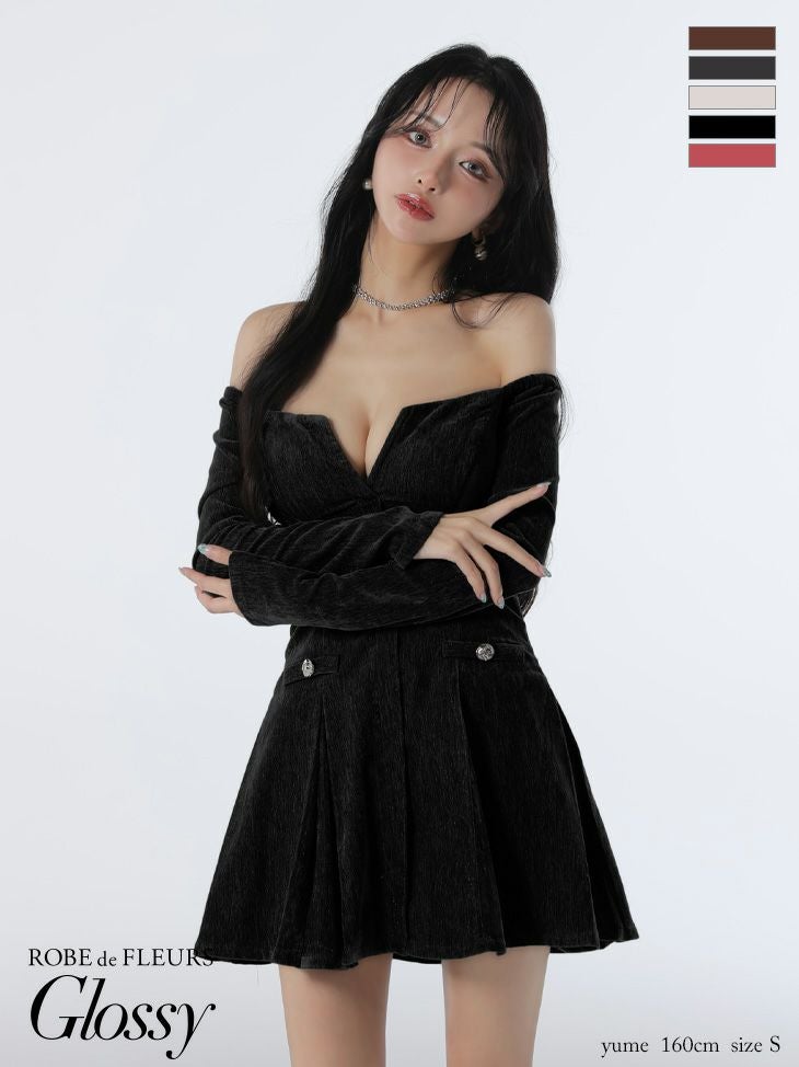 キャバドレス Glossy by ROBE de FLEURS グロッシー 長袖 バストカット ラメニット プリーツスカート セクシー オフショルダー フレアミニドレス
