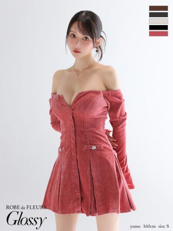 キャバドレス Glossy by ROBE de FLEURS グロッシー バストカット ラメニット プリーツスカート セクシー オフショルダー 長袖 フレアミニドレス