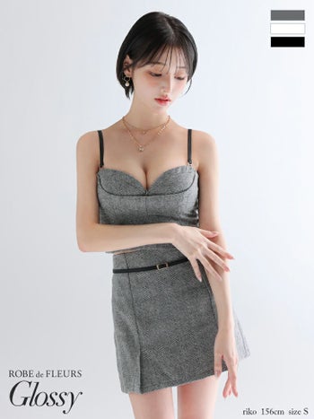 キャバドレス Glossy ROBE de FLEURS グロッシー ローブドフルール キャミソール セットアップ ウエストベルト ヘリンボーン プリーツ タイトミニドレス