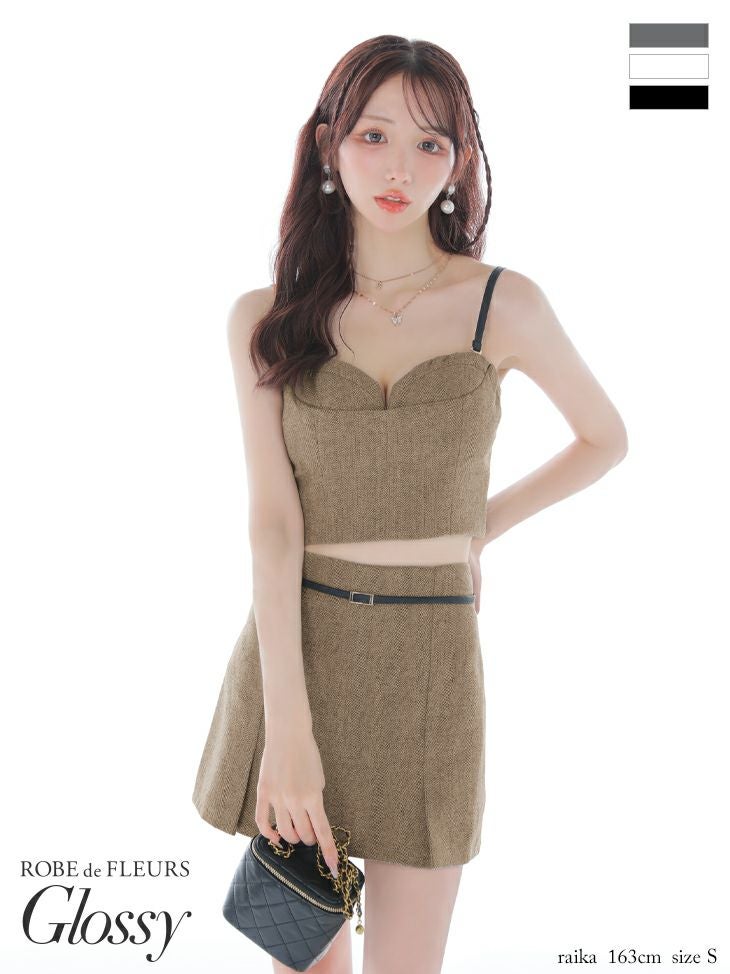 キャバドレス Glossy ROBE de FLEURS グロッシー ローブドフルール セットアップ ウエストベルト キャミソール ヘリンボーン プリーツ タイトミニドレス