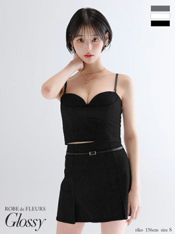 キャバドレス Glossy ROBE de FLEURS グロッシー ローブドフルール ヘリンボーン セットアップ キャミソール ウエストベルト プリーツ タイトミニドレス