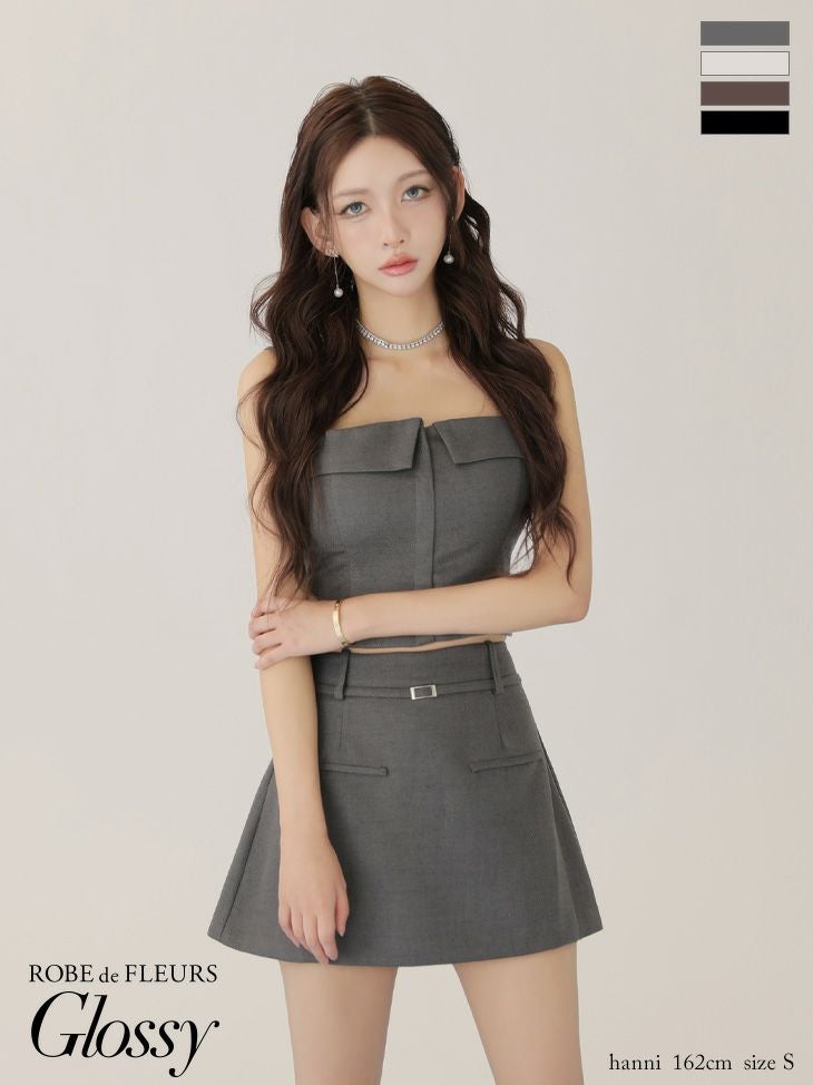 キャバドレス Glossy ROBE de FLEURS グロッシー ローブドフルール キャミソール セットアップ ベア ジップデザイン シンプル ワンカラー ツイル フレアミニドレス