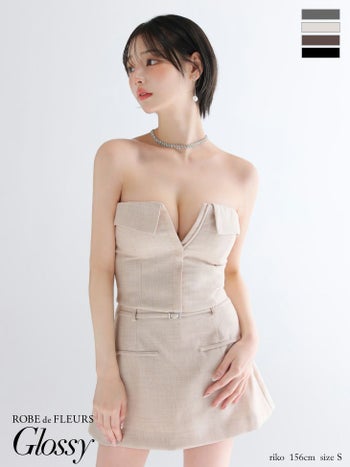キャバドレス Glossy ROBE de FLEURS グロッシー ローブドフルール セットアップ ベア キャミソール シンプル ジップデザイン ワンカラー ツイル フレアミニドレス