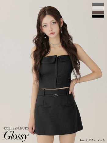 キャバドレス Glossy ROBE de FLEURS グロッシー ローブドフルール シンプル ワンカラー ツイル キャミソール セットアップ ベア ジップデザイン フレアミニドレス