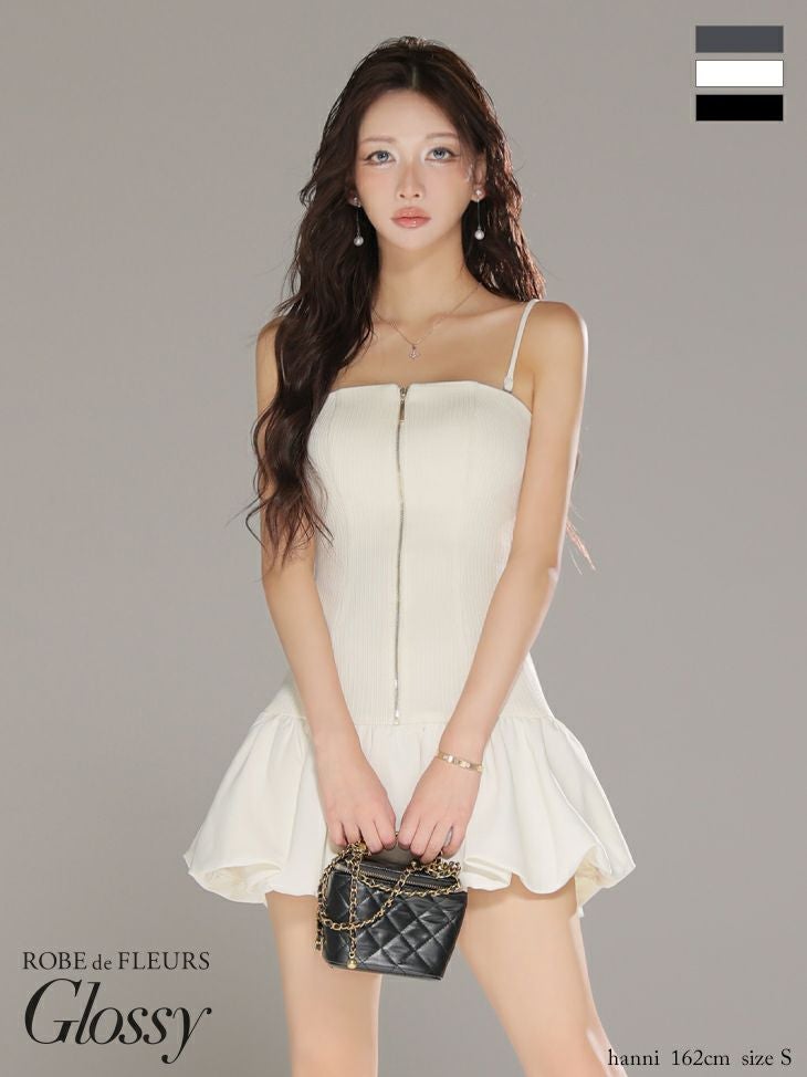 キャバドレス Glossy ROBE de FLEURS グロッシー ローブドフルール ベアトップ ジップデザイン キャミソール バルーンスカート フレアミニドレス
