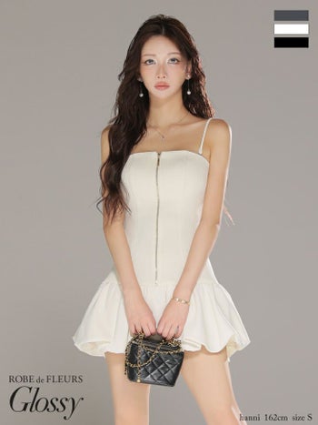 キャバドレス Glossy ROBE de FLEURS グロッシー ローブドフルール ベアトップ ジップデザイン キャミソール バルーンスカート フレアミニドレス