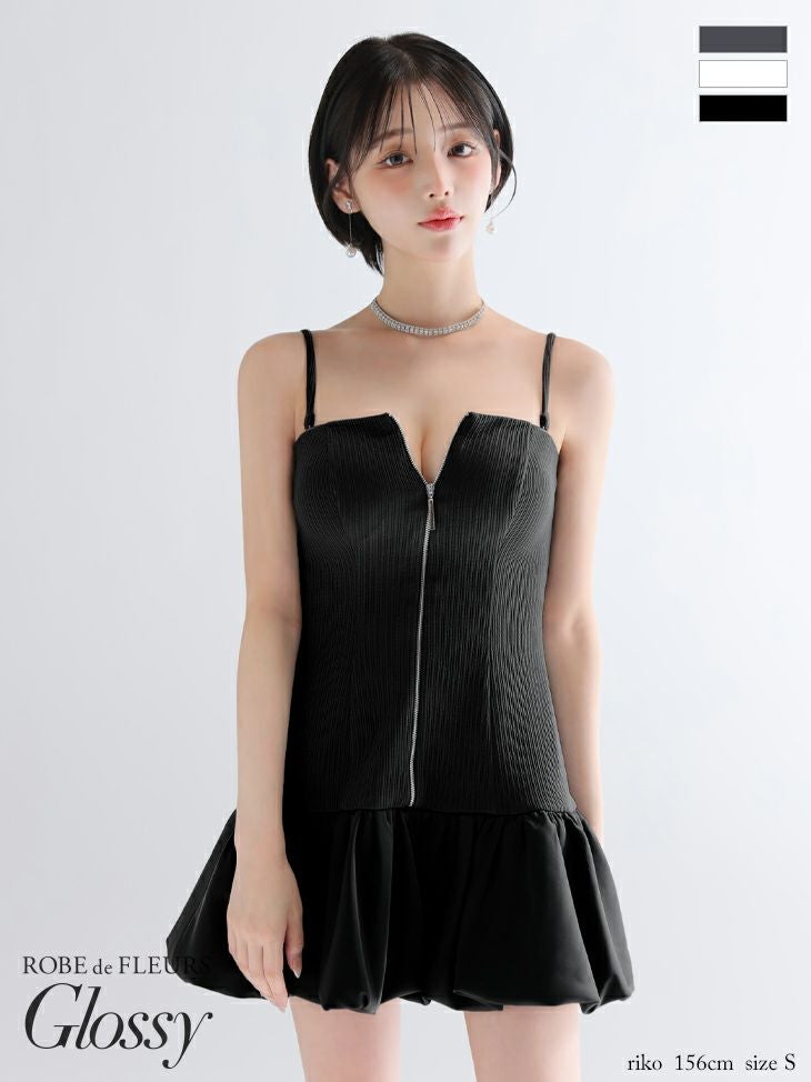 キャバドレス Glossy ROBE de FLEURS グロッシー ローブドフルール ベアトップ ジップデザイン キャミソール バルーンスカート フレアミニドレス