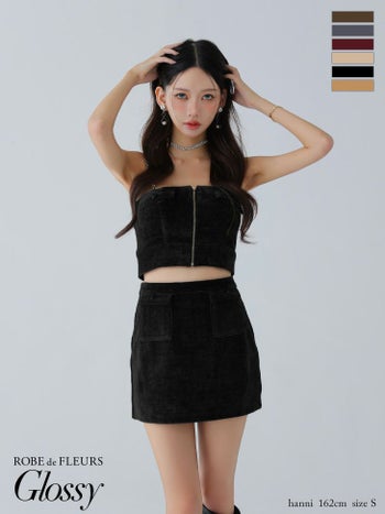 キャバドレス Glossy ROBE de FLEURS グロッシー ローブドフルール コーデュロイ セクシー キャミソール セットアップ ジップデザイン タイトミニドレス